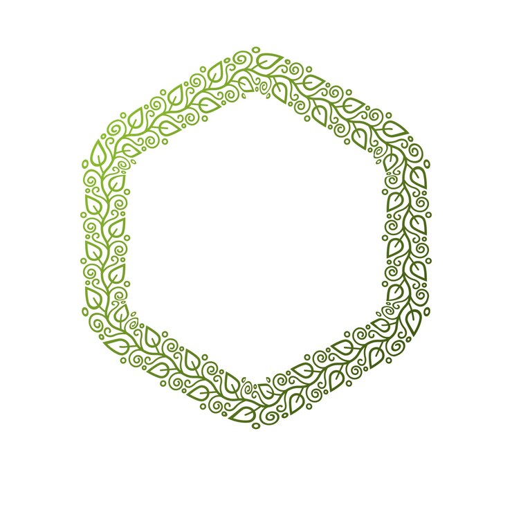 Vector marco hexagonal de lujo con espacio de copia vacío, forma heráldica clásica en blanco creada como diseño primaveral. etiqueta de estilo retro hecha con hojas ecológicas verdes, tema de conservación del medio ambiente.