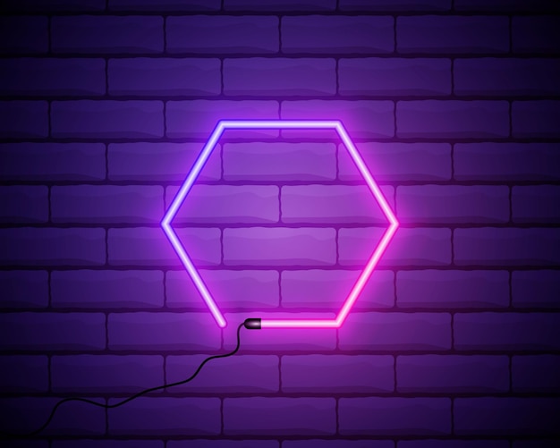 Marco hexagonal de neón brillante para pancarta o letrero aislado en una pared de ladrillo oscuro Luz rosa y púrpura