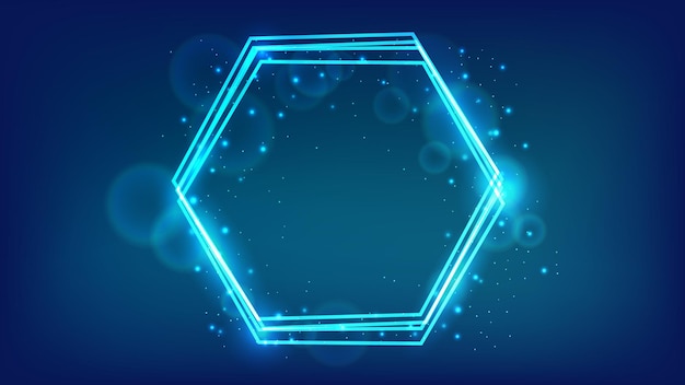 Marco hexagonal de neón con efectos brillantes y destellos.