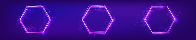 Marco hexagonal de neón con efectos brillantes y destellos.