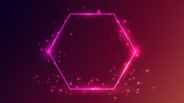 Marco hexagonal de neón con efectos brillantes y destellos.