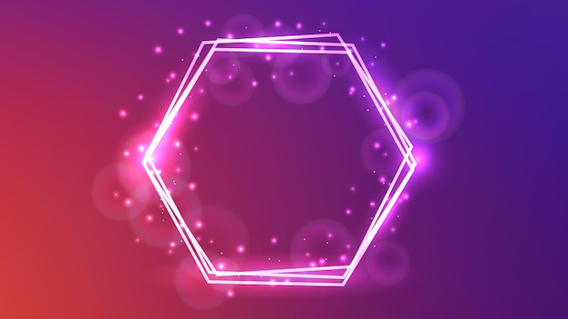 Marco hexagonal de neón con efectos brillantes y destellos.