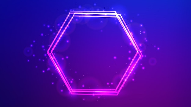 Marco hexagonal de neón con efectos brillantes y destellos.