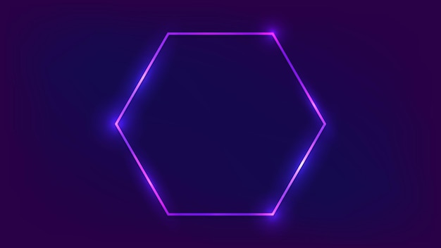 Marco hexagonal de neón con efectos brillantes sobre fondo oscuro. Telón de fondo tecno brillante vacío. ilustración vectorial