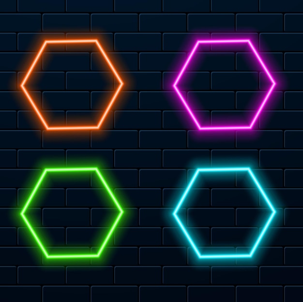 Marco hexagonal de neón rojo rosado y rosado