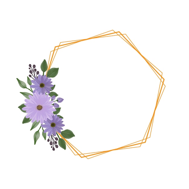 Marco hexagonal con ramo de margaritas moradas para invitación de boda