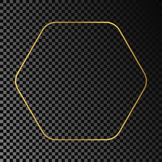 Marco hexagonal redondeado brillante dorado aislado sobre fondo transparente oscuro Marco brillante con efectos brillantes Ilustración vectorial