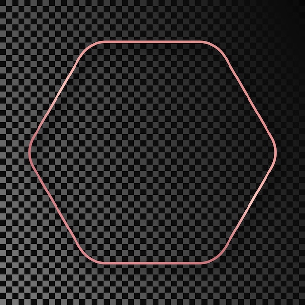Marco hexagonal redondeado brillante de oro rosa con sombra aislada en un fondo transparente oscuro Marco brillante con efectos brillantes Ilustración vectorial