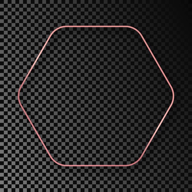 Marco hexagonal redondeado brillante de oro rosa con sombra aislada sobre fondo transparente oscuro Marco brillante con efectos brillantes Ilustración vectorial