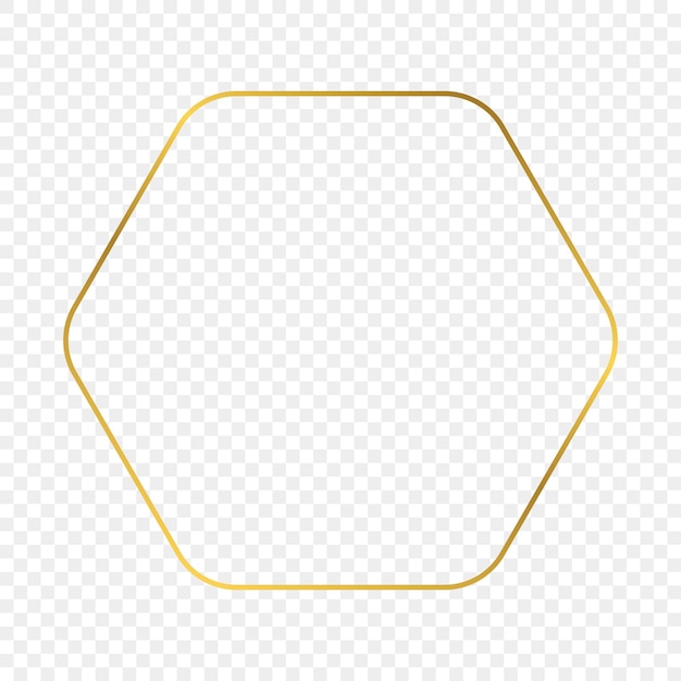 Marco hexagonal redondeado dorado brillante aislado sobre fondo transparente. Marco brillante con efectos brillantes. Ilustración vectorial.