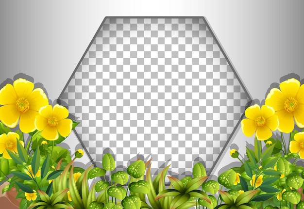 Marco hexagonal transparente con plantilla de campo de flores amarillas