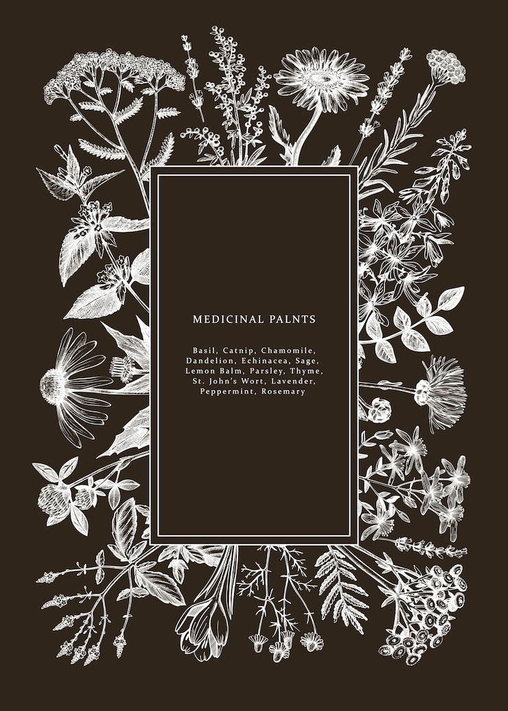 Vector marco de hierbas medicinales dibujado a mano en la pizarra. bocetos de flores, malezas y prados. plantilla de plantas de verano vintage. fondo botánico con elementos florales en estilo grabado.