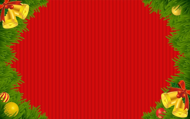 Marco de hojas de abeto con fondo rojo de campanas de Navidad