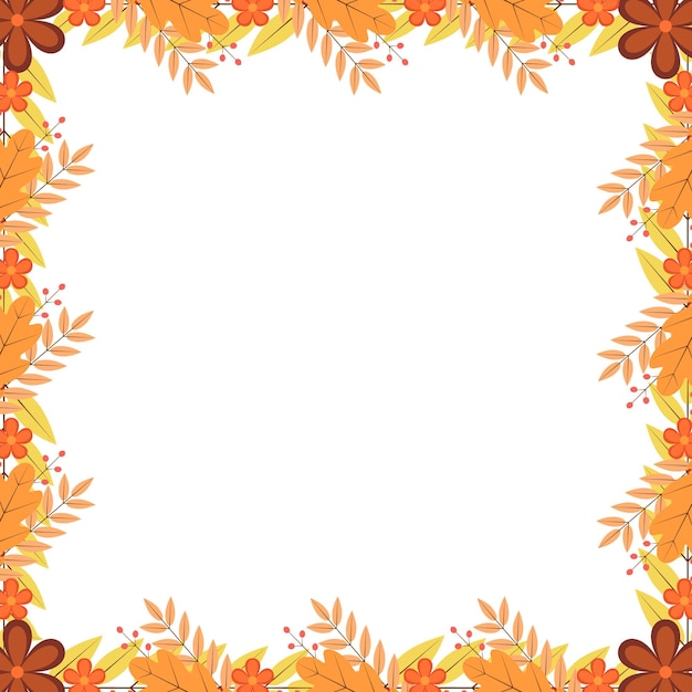 Marco de hojas de otoño coloridas flores y bayas Tarjeta de felicitación o invitación del día de Acción de Gracias Ilustración de vector de tema de otoño Plantilla fácil de editar con espacio de copia para sus proyectos de diseño