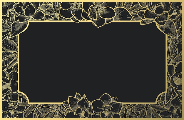 Marco horizontal Magnolia. Composición floral de oro sobre fondo oscuro para invitaciones y tarjetas.
