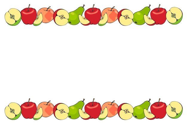 Marco horizontal de manzanas y peras de colores a lo largo de los bordes superior e inferior sobre un fondo blanco