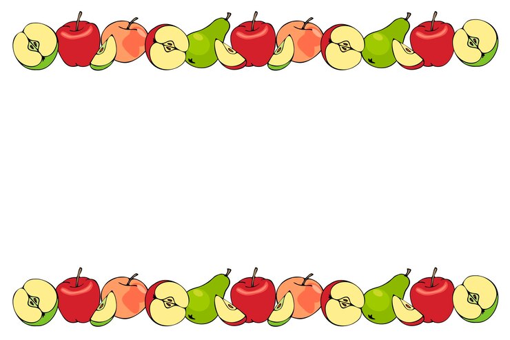 Vector marco horizontal de manzanas y peras de colores a lo largo de los bordes superior e inferior sobre un fondo blanco