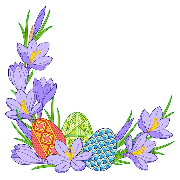 Vector marco de huevos de pascua brillantes y flores de azafrán