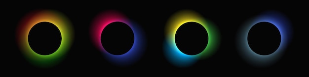 Marco de iluminación circular con gradiente Conjunto de cuatro banderas de neón redondas aisladas en fondo negro Ilustración vectorial