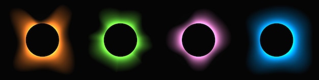 Marco de iluminación circular con gradiente Conjunto de cuatro banderas de neón redondas aisladas en fondo negro Ilustración vectorial