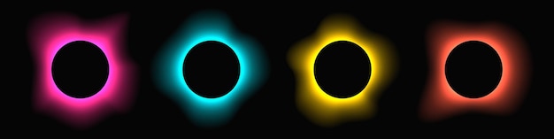 Marco de iluminación circular con gradiente Conjunto de cuatro banderas de neón redondas aisladas en fondo negro Ilustración vectorial
