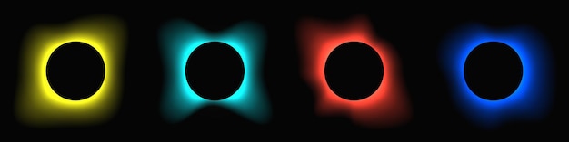 Marco de iluminación circular con gradiente Conjunto de cuatro banderas de neón redondas aisladas sobre fondo negro