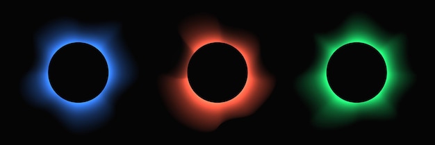 Marco de iluminación circular con gradiente Conjunto de tres banderas de neón redondas aisladas en fondo negro Ilustración vectorial