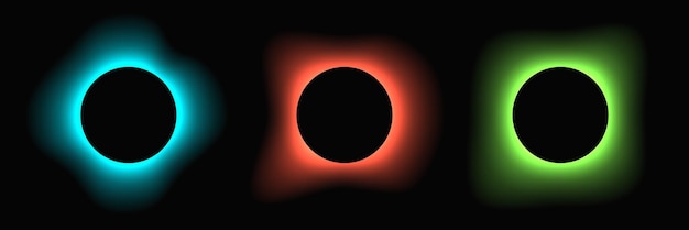 Marco de iluminación circular con gradiente Conjunto de tres pancartas de neón redondas aisladas sobre un fondo negro Ilustración vectorial