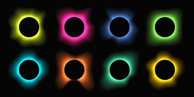 Marco iluminado circular con degradado Conjunto de ocho pancartas de neón redondas aisladas sobre fondo negro Ilustración vectorial
