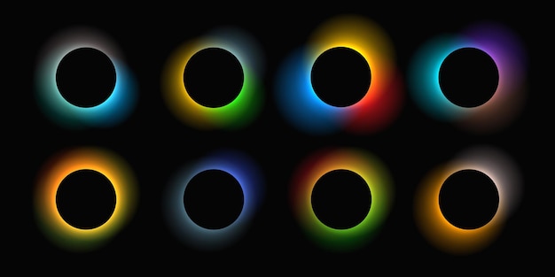 Marco iluminado circular con degradado Conjunto de ocho pancartas de neón redondas aisladas sobre fondo negro Ilustración vectorial