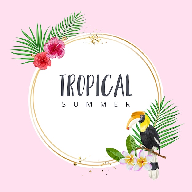 Marco con ilustración de cálao y plantas tropicales