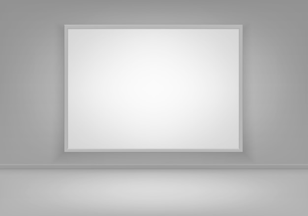 Marco de imagen de cartel blanco en blanco vacío en la pared con vista frontal del piso