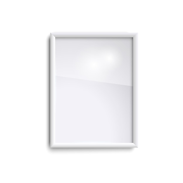 Marco de imagen vertical en blanco con vidrio, marco de imagen vertical blanco realista, A4. Marco de imagen blanco vacío.