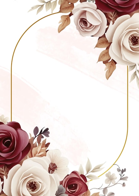 Marco de invitación de fondo de corona moderna roja, blanca y beige con flora y flores