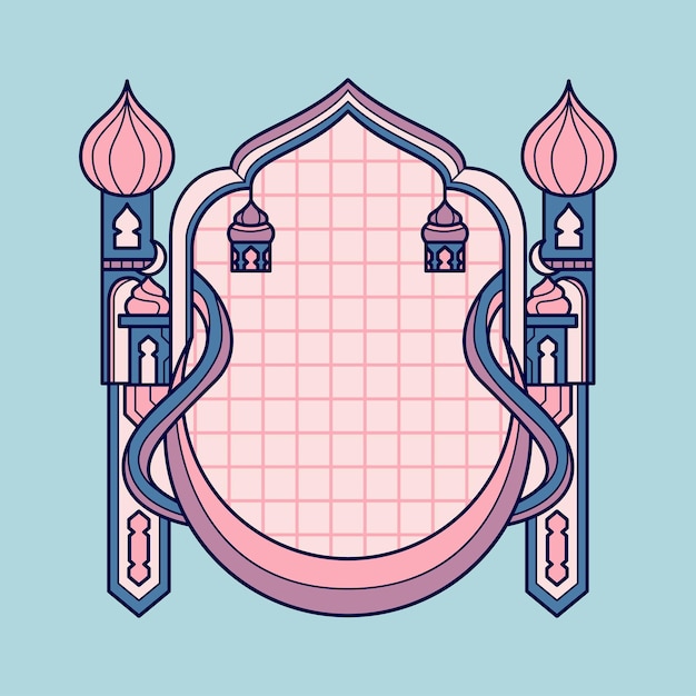 Vector marco islámico azul rosa con mezquita minimalista