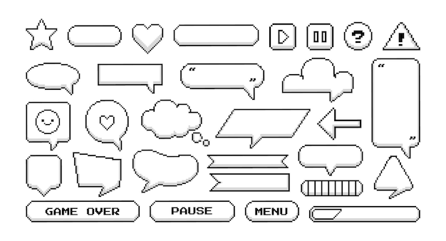 Marco de juego de píxeles pixelart burbuja discurso texto chat nube icono juego forma geek cita digital jugador comunicación hablar jugar banner conjunto de vectores