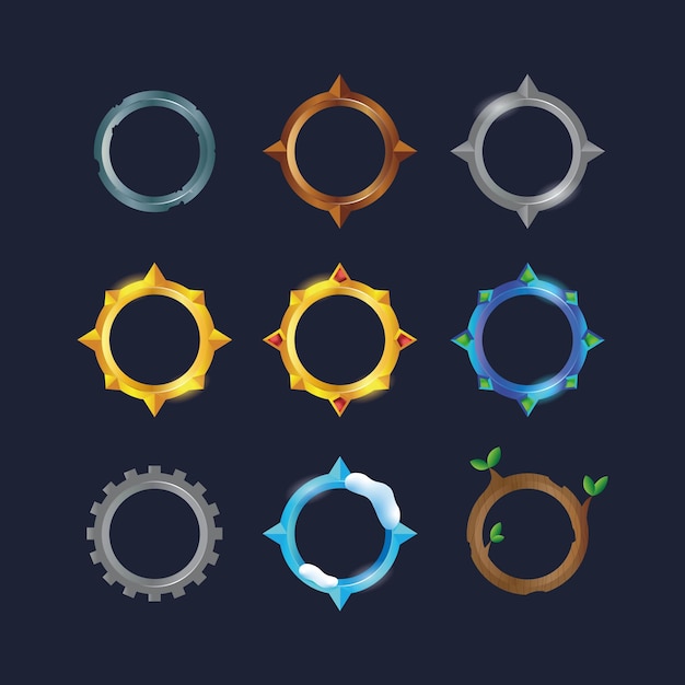El marco de juego vectorial establece el nivel de la ronda, el círculo del título, la fantasía, el RPG, la naturaleza, la insignia, el avatar vectorial de la interfaz de usuario.