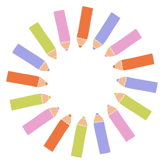 Marco de lápices de colores circulares con espacio en blanco para texto Perfecto para decoración cuaderno planificador bloc de notas cuaderno y diario Ilustración vectorial aislada dibujada a mano para decoración y diseño