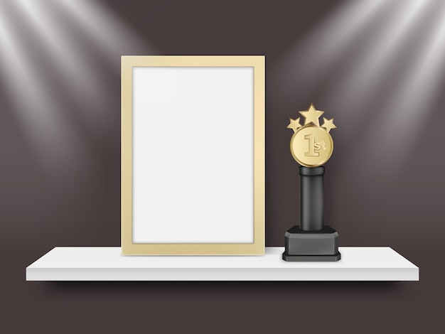 Marco ligero en blanco y trofeo de metal premio vector ilustración realista