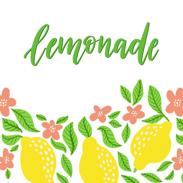 Marco de limones y letras de limonada. Logotipo de limonada casera y letrero para cartel, tarjeta, cotización, impresión, empaque, insignia. Ilustración de vector aislado sobre fondo blanco. Logo dibujado a mano en marco floral