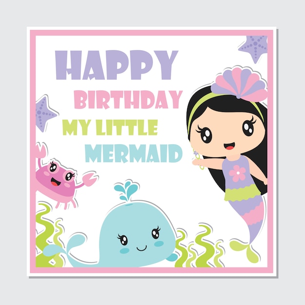 Vector marco lindo de la criatura de la muchacha y del mar de la sirena para la tarjeta de cumpleaños