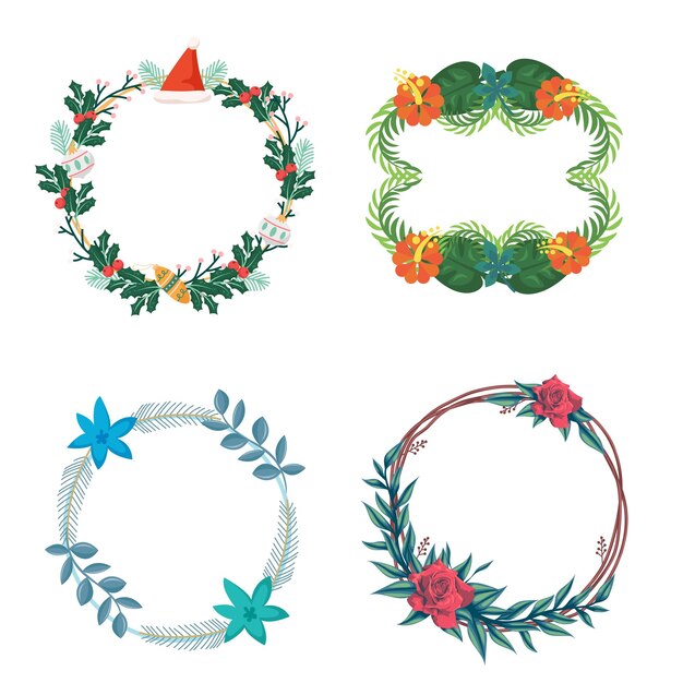 Marco de línea colorida aislada Icon Leaf Divisor de borde floral con rectángulo circular o alfiler hexágono