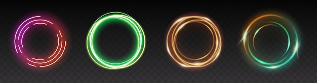 Marco de luz brillante redondo. Bandera de círculo brillante. Los anillos de iluminación vibrante establecen un efecto con chispas luminosas sobre un fondo transparente. Ilustración vectorial