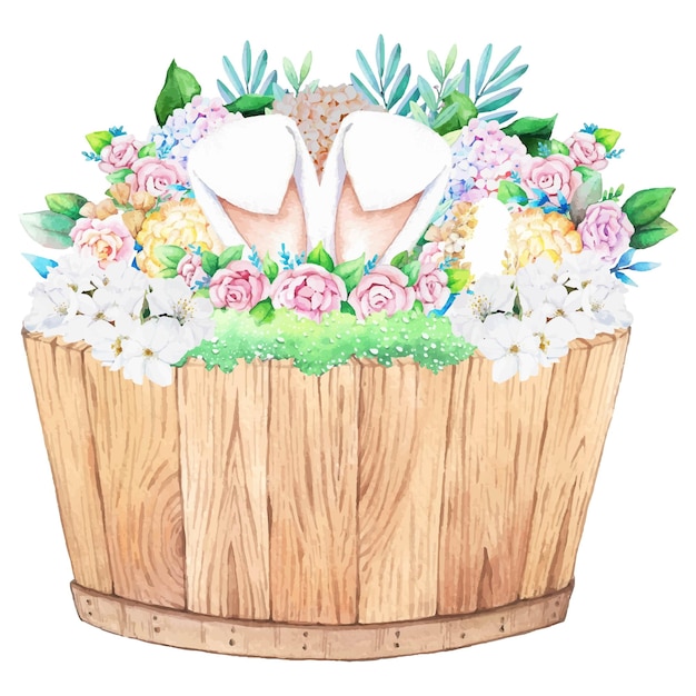 Marco de madera de acuarela con decoración de Pascua de primavera Ilustración vectorial