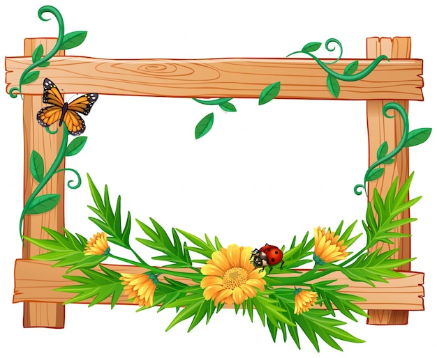 Marco de madera con flores e insectos