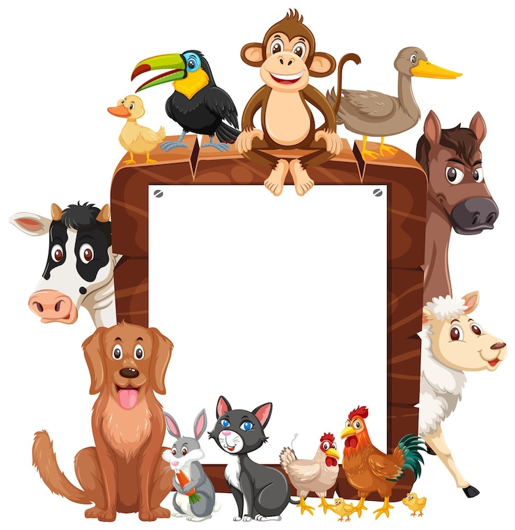 Marco de madera vacío con varios animales salvajes.