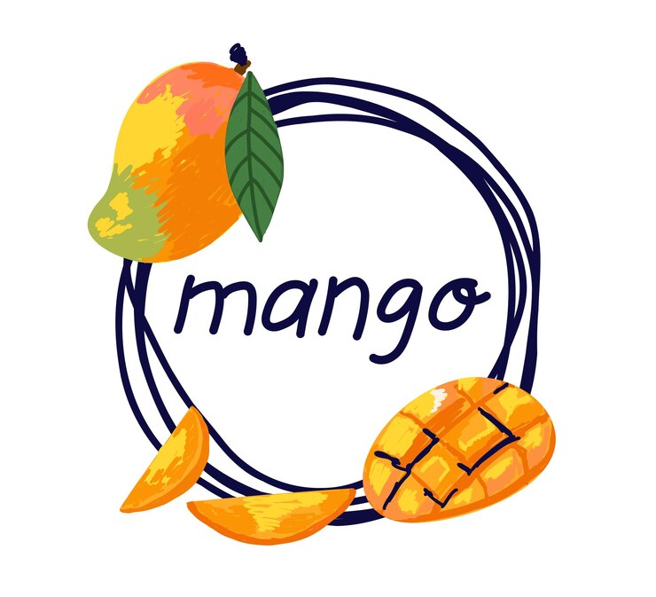 Vector marco de mango abstracto fruta tropical exótica fresca mitad entera y hojas verdes en rebanadas postre saludable jugo orgánico elemento botánico dibujado a mano aislado de dibujos animados vectoriales minimalistas