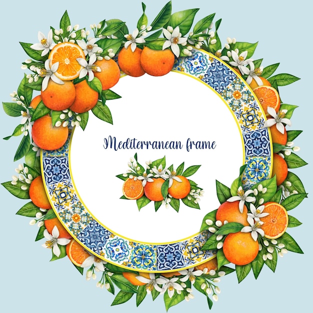 Marco mediterráneo dibujado a mano en acuarela con azulejos y naranjas