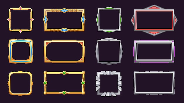 Marco de metal del juego Botones de interfaz de usuario de bronce dorado plateado RPG elegante borde vacío interfaz de usuario sprite gráfico web elementos activos del juego móvil Vector conjunto aislado