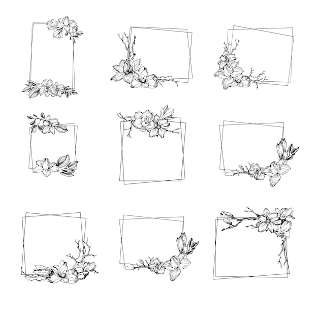 Vector marco moderno de primavera con flores de magnolia, hojas y ramas en estilo grabado